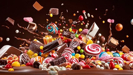 A delightful explosion of vibrant candies and chocolates scatters across a dark background, creating a colorful and sweet chaos.