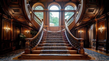 Obraz premium A front view of a staircase in a historic building, featuring a richly carved wooden banister, patterned carpet runner, and a landing area with a tall, arched window. shiny, Minimal and Simple,