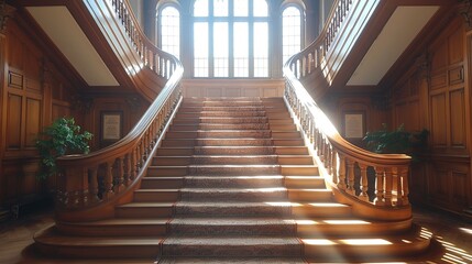 Obraz premium A front view of a staircase in a historic building, featuring a richly carved wooden banister, patterned carpet runner, and a landing area with a tall, arched window. shiny, Minimal and Simple,