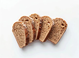 Sliced whole wheat bread isolated on a white background, shown from above. Flat lay