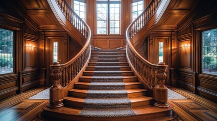 Obraz premium A front view of a staircase with wooden steps and a classic handrail, featuring a patterned carpet runner and flanked by tall, ornate newel posts. shiny, Minimal and Simple,