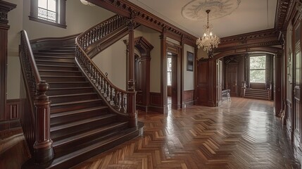 Obraz premium A grand staircase with dark wooden steps and an intricately carved handrail, leading up to a mezzanine with detailed ceiling moldings and vintage chandeliers. shiny, Minimal and Simple,