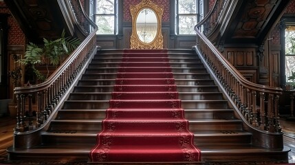 Obraz premium An antique staircase with a red carpet runner, bordered by intricate wooden railings, leading up to a landing with a large mirror framed in gold leaf. shiny, Minimal and Simple,