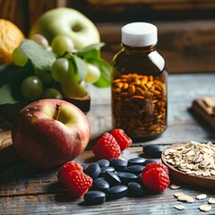 The image can be named Contrast of Health: Fresh Apple and Medicine