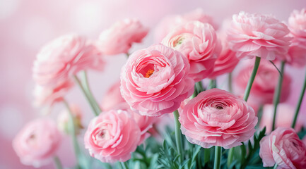 Fototapeta premium Bunch of pink ranunculus flowers on a pink background