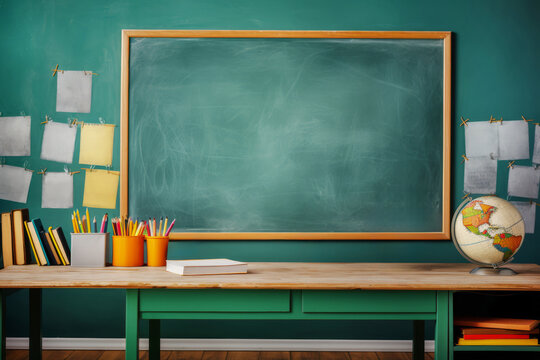 Empty classroom desk with chalkboard and globe for back to school