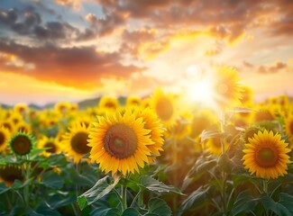 Obraz premium Sunflower field at sunset with a dramatic sky and beautiful lighting. Sunflowers in the foreground of a vibrant summer landscape.