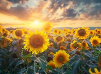Fototapeta premium Sunflower field at sunset with a dramatic sky and beautiful lighting. Sunflowers in the foreground of a vibrant summer landscape.