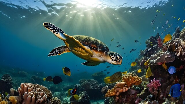 turtule with coral reef and fishes  in the nice clear sea water which is near the depth