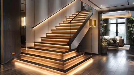 Elegant staircase with a dark wood banister and a continuous railing, highlighted by brass finials at each corner, and soft, ambient lighting illuminating the steps. shiny, Minimal and Simple,