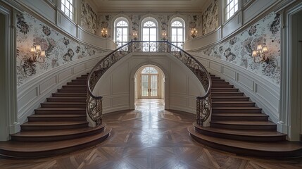 Front view of a dual staircase converging at a grand landing, adorned with vintage floral wallpaper and sconces, creating a regal entrance in an old estate. shiny, Minimal and Simple,