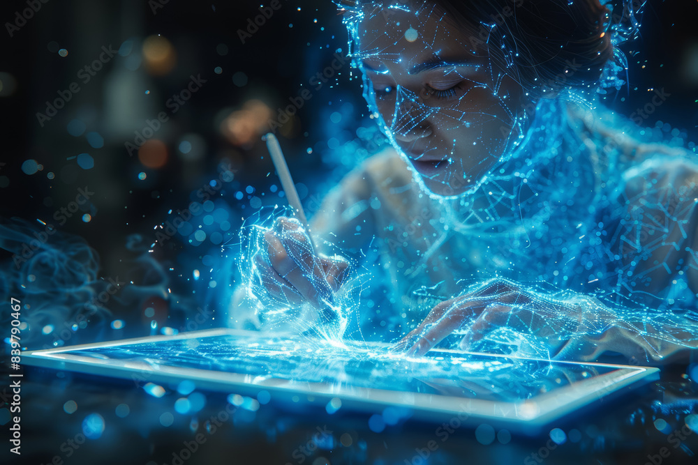 Poster a digital artist using a tablet to draw virtual worlds that envelop the viewer. concept of digital c