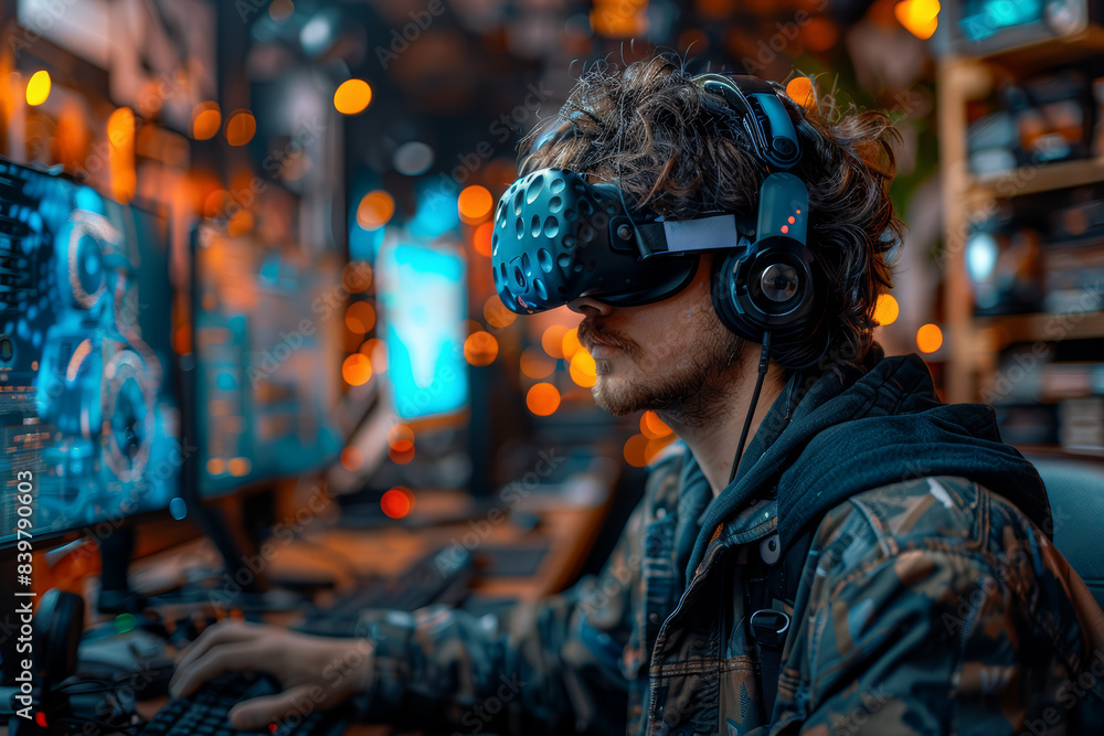 Poster a game designer developing virtual worlds that merge with reality. concept of gaming creativity. gen