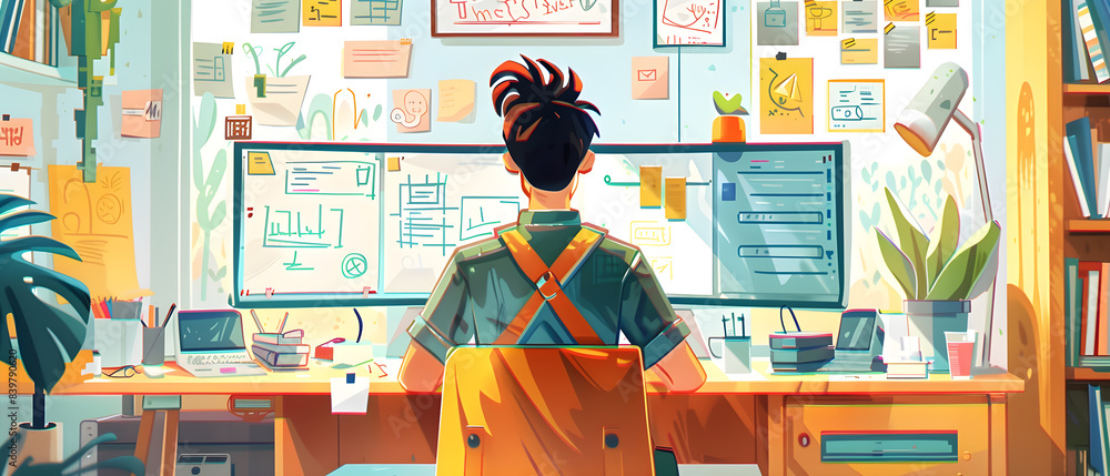 Poster a man is sitting at a desk with a computer monitor in front of him