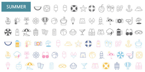 Collection of icon illustrations related to season summer