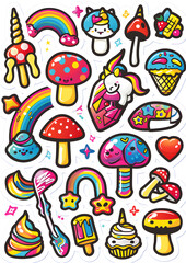 Obraz premium A colorful sticker sheet with various cartoon characters including a unicorn