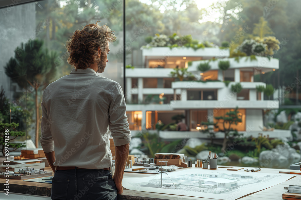 Poster an architect designing a house that rotates with the sun. concept of eco-conscious architecture. gen