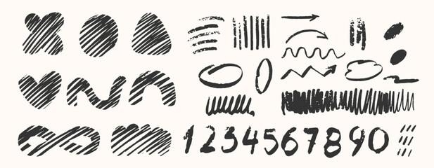 Charcoal drawn scribble  grunge set collection, elements, lines, numbers, arrows, shapes, vector