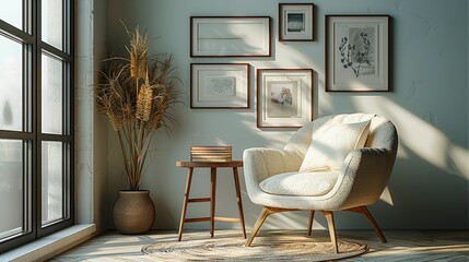 A cozy reading nook with a comfortable armchair and a side table, featuring a wall adorned with picture frames in different sizes, displaying a mix of family photos and artwork. shiny, Minimal and