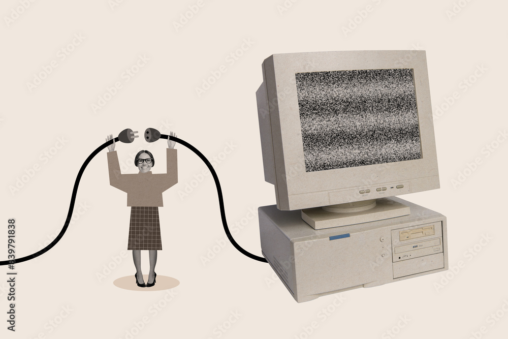 Poster composite collage image of funny female connection computer monitor plug working process billboard c