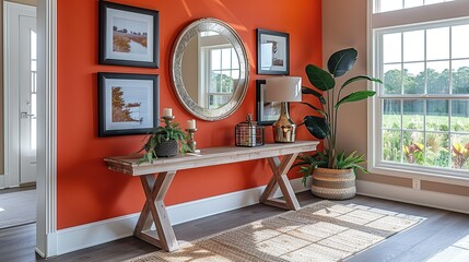 An entryway with a simple console table and a mirror, accented by a striking display of various-sized picture frames on a bold-colored wall, creating a welcoming ambiance. shiny, Minimal and Simple,