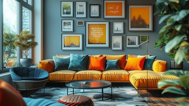 An inviting workspace with minimalist furniture and colorful decor, the wall behind showcasing a collection of picture frames in different sizes, displaying motivational quotes and art. shiny,