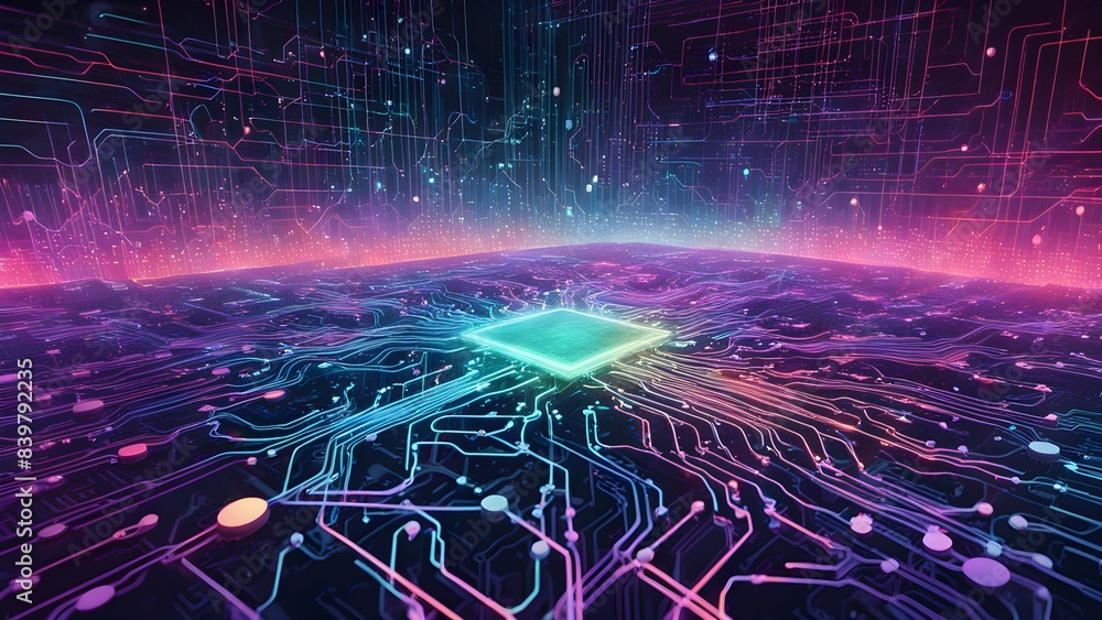 Poster a computer chip is shown in a colorful, futuristic setting