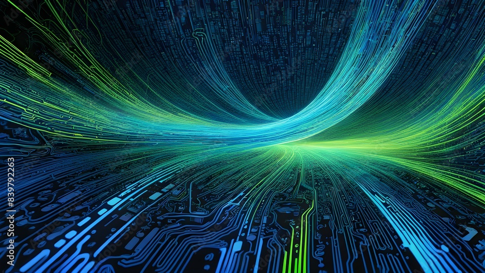 Poster a computer screen with a green and blue line that looks like a wave