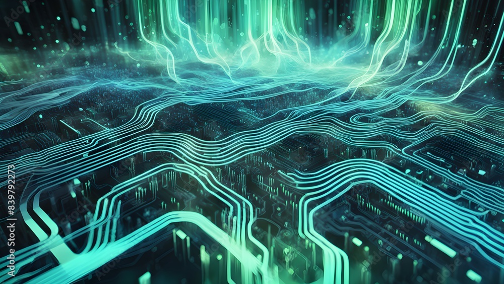 Poster a computer chip with green lines and a blue background