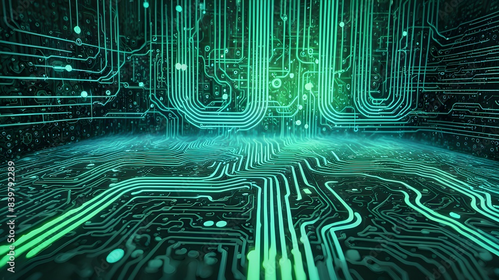 Poster a computer chip is shown in a green and black color scheme
