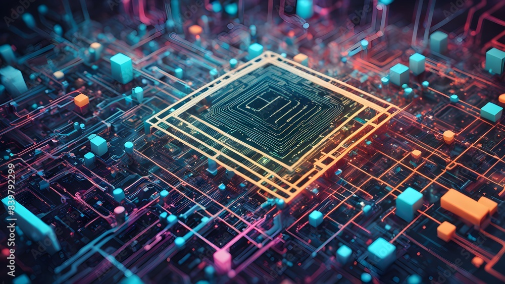 Poster a colorful computer chip is surrounded by a network of wires