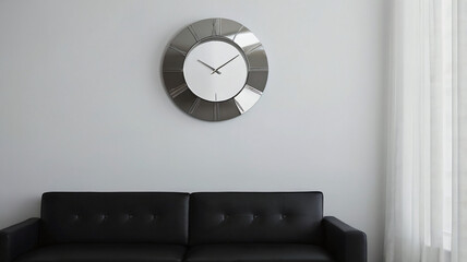 simple minimalist sleek whie and silver clock on white wall and a black sofa chair modern living room
