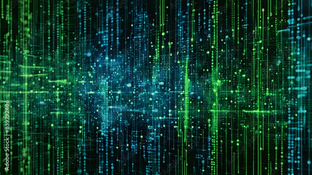 Poster a green and blue image of a computer screen with many lines and dots