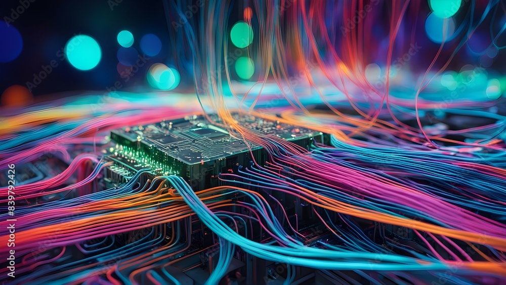 Poster a colorful computer chip is surrounded by a web of wires