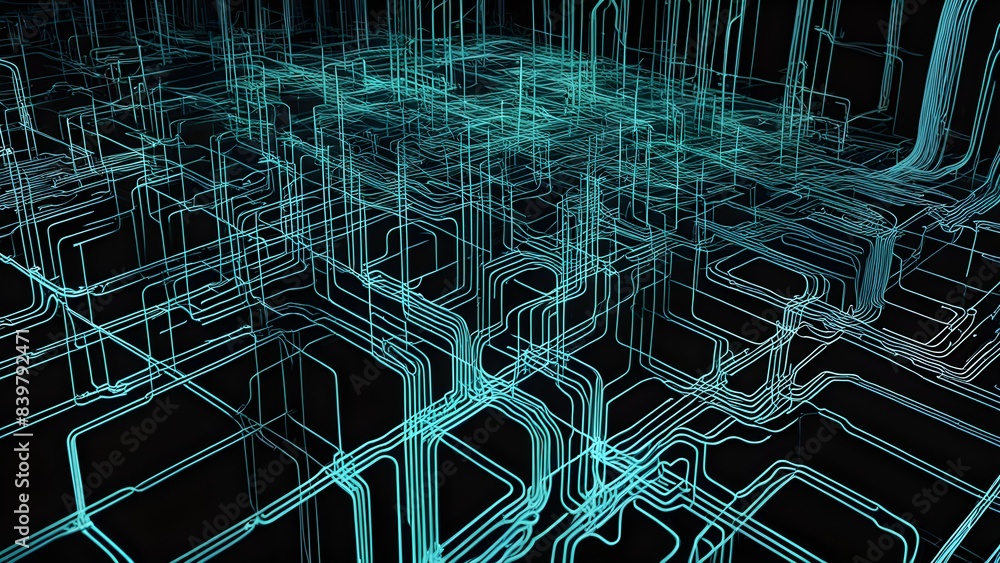 Poster a computer generated image of a cityscape with a lot of wires and lines