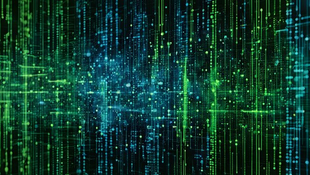 A green and blue image of a computer screen with many lines and dots