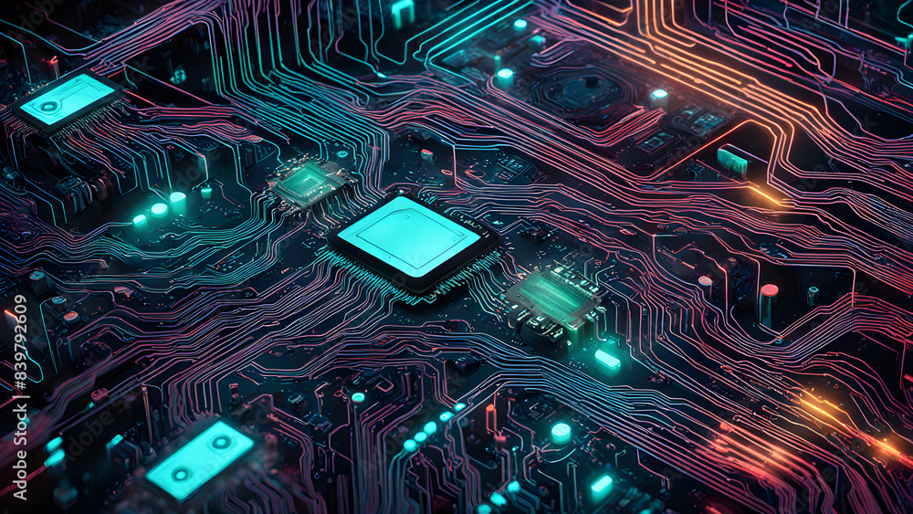 Poster a colorful computer chip with a blue square in the middle