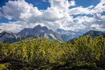 Dolomites mountains, Alpi Dolomiti beautiful scenic landscape in summer. Italian Alps mountain summits and rocky peaks above green valley alpine scene