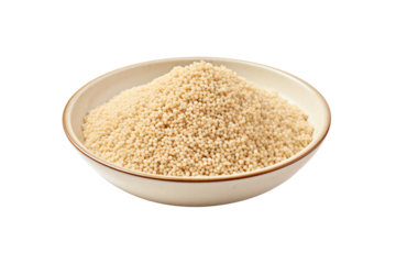A bowl filled with uncooked couscous, isolated on transparent background