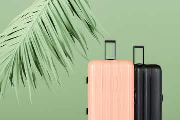 Pink and black travel luggage with palm leaf on green background. Summer travel concept design. 3D...