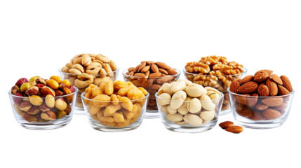 Assorted nuts in glass bowls, including almonds, cashews, walnuts, and more. Perfect for a healthy snack, high in protein and fiber.