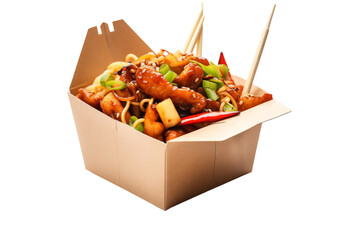 Delicious Chinese takeout with noodles, chicken, and vegetables in a paper box, perfect for a quick and tasty meal.