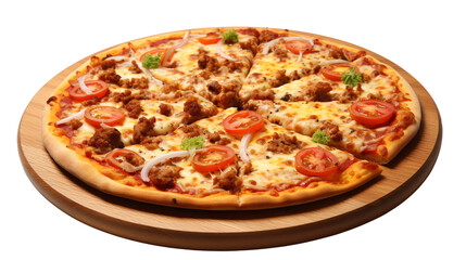 Delicious pizza topped with melted cheese, fresh tomatoes, ground meat, and onions, served on a wooden board. Perfect for any meal.