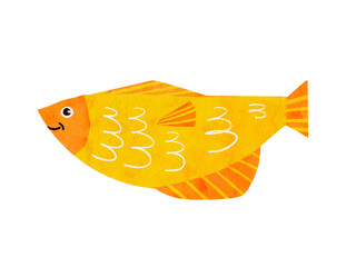 Single goldfish isolated on white background. Aquarium fish children's illustration in a flat style on an isolated on transparent background