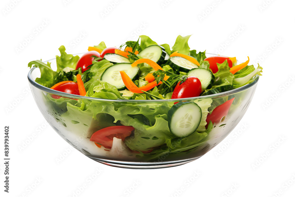 Wall mural fresh mixed vegetable salad in a glass bowl with tomatoes, cucumbers, bell peppers, and leafy greens