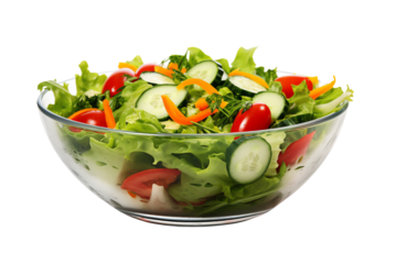 Fresh mixed vegetable salad in a glass bowl with tomatoes, cucumbers, bell peppers, and leafy greens. Healthy and delicious meal option.