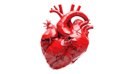 Geometric red human heart model with polygonal facets, illustrating cardiovascular science, medical technology, and anatomy.