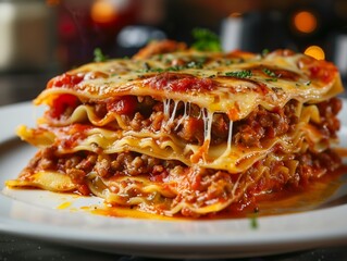 Lasagna Italian Meat Cheese Noodle Close-Up Food Dining Dinner Blurred Background Image	
