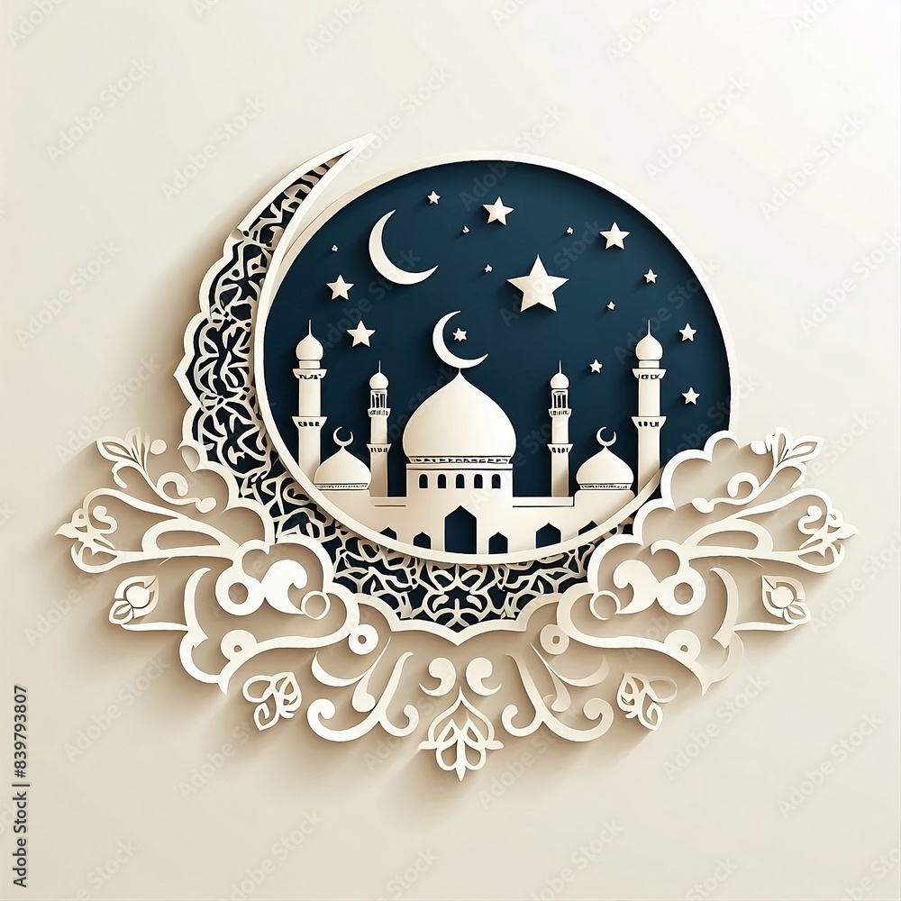 Wall mural eid-al-adha mubarak beautiful islamic greeting card paper cut style. vector illustration for social 