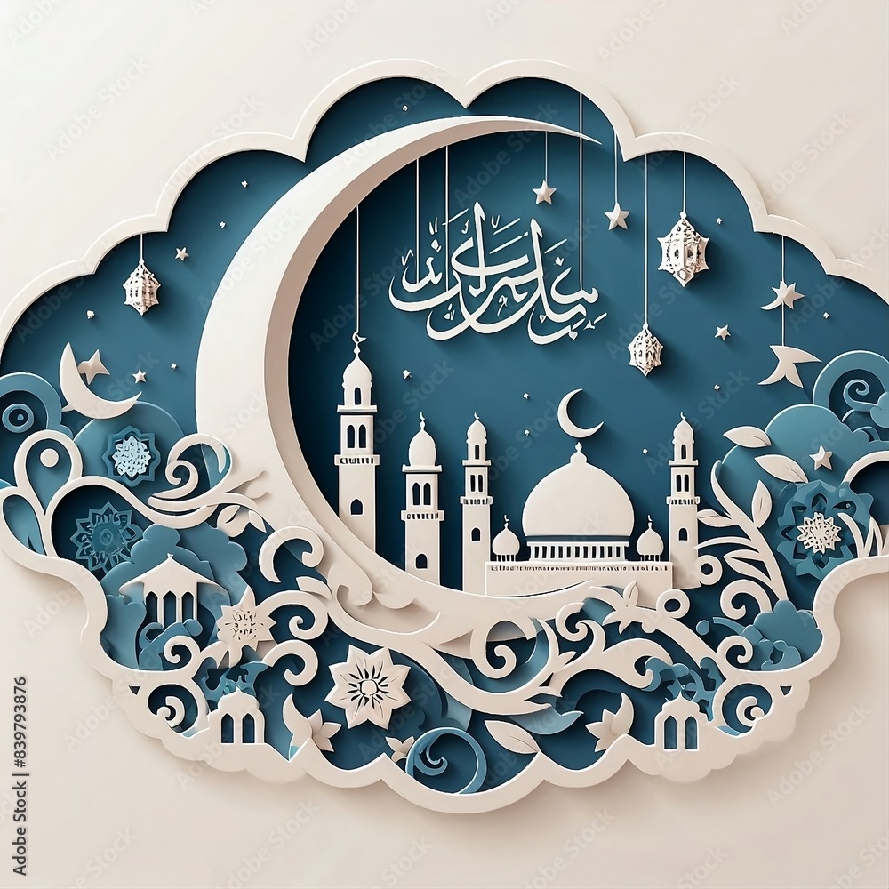 Poster eid-al-adha mubarak beautiful islamic greeting card paper cut style. vector illustration for social 